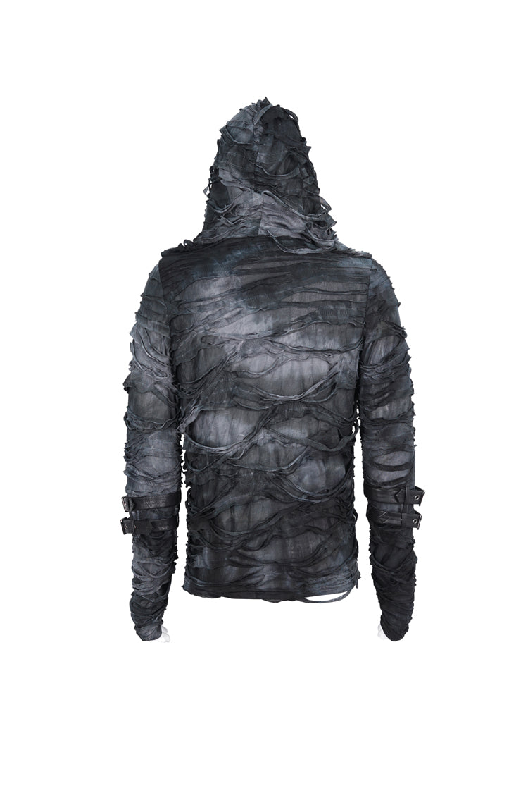 Black High Collar Long Sleeves Print Ripped Men's Punk Hoodies T-Shirt - Product - 9