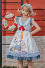 White/Blue Sailor Collar Delicious Food Print Ruffled Sweet Lolita Suspender Dress - Product - 2