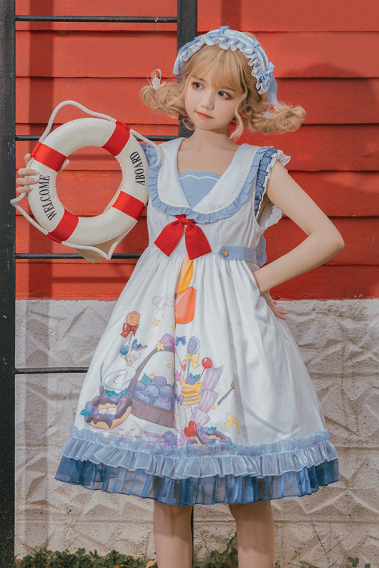 White/Blue Sailor Collar Delicious Food Print Ruffled Sweet Lolita Suspender Dress - Product - 2