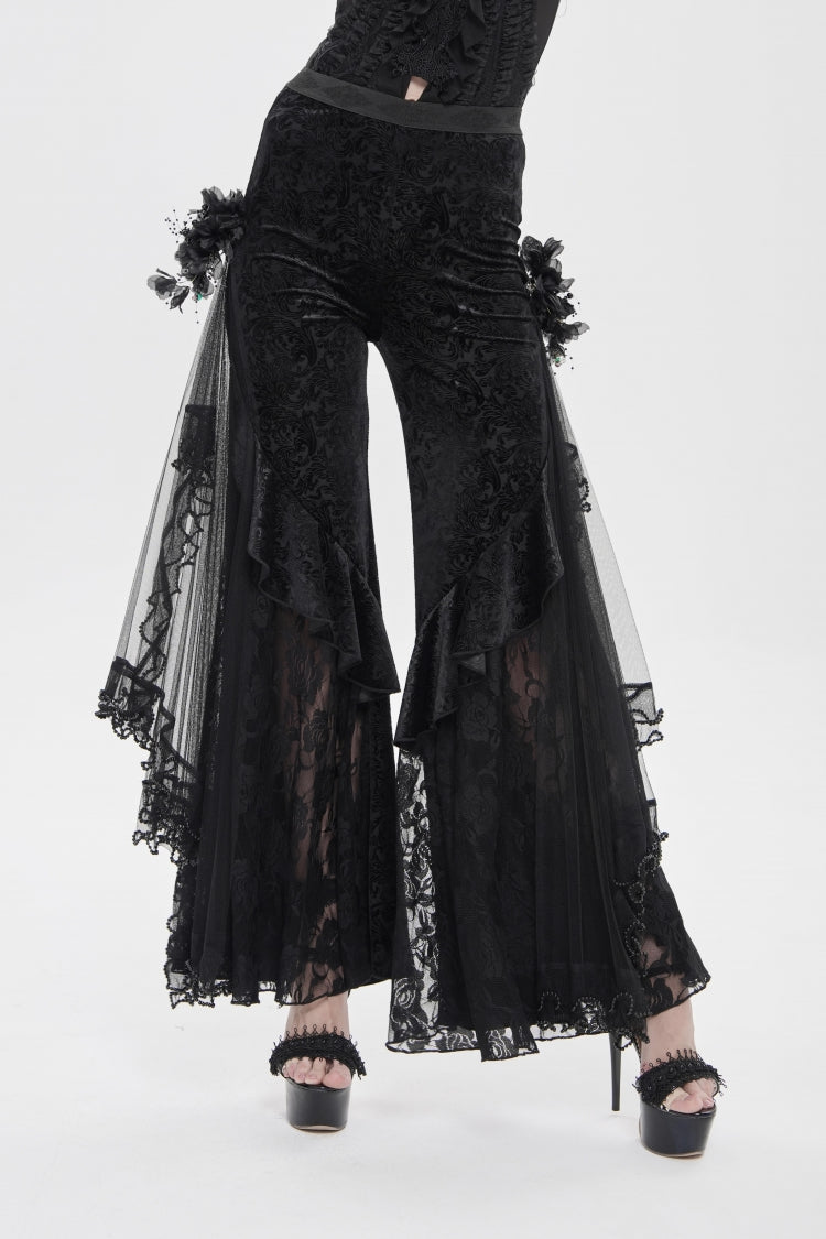 Black Embroidered Lace Women's Printed Mesh Floral Gothic Pants - Product - 9