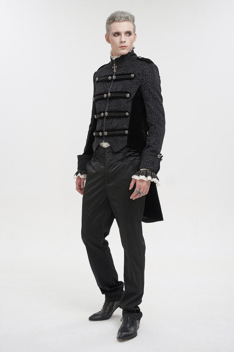 Black Silk Stand Collar Printed Metal Breasted Cross Zipper Back Slit Vintage Men's Gothic Jacket - Product - 3