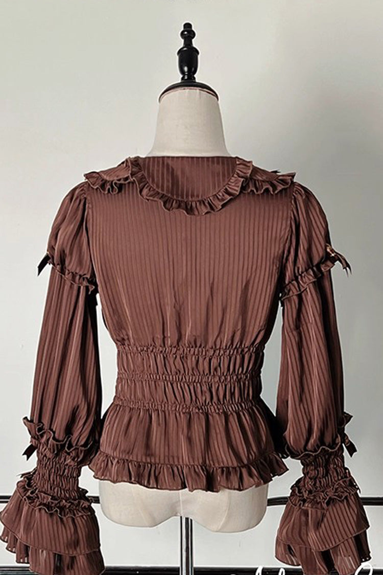 [Teddy Bear Chocolate] Round Collar Long Trumpet Sleeves Ruffle Bowknot Sweet Lolita Blouse 3 Colors - Product - 3