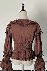 [Teddy Bear Chocolate] Round Collar Long Trumpet Sleeves Ruffle Bowknot Sweet Lolita Blouse 3 Colors - Product - 3