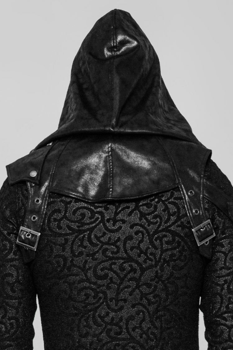 Black Metal Buckle Lace-Up Hooded Men's Steampunk Cape - Product - 3