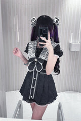 Black [Serenade] Short Sleeves Ruffle Bowknot Lace Sweet Jirai Kei Dress Set - Product - 3