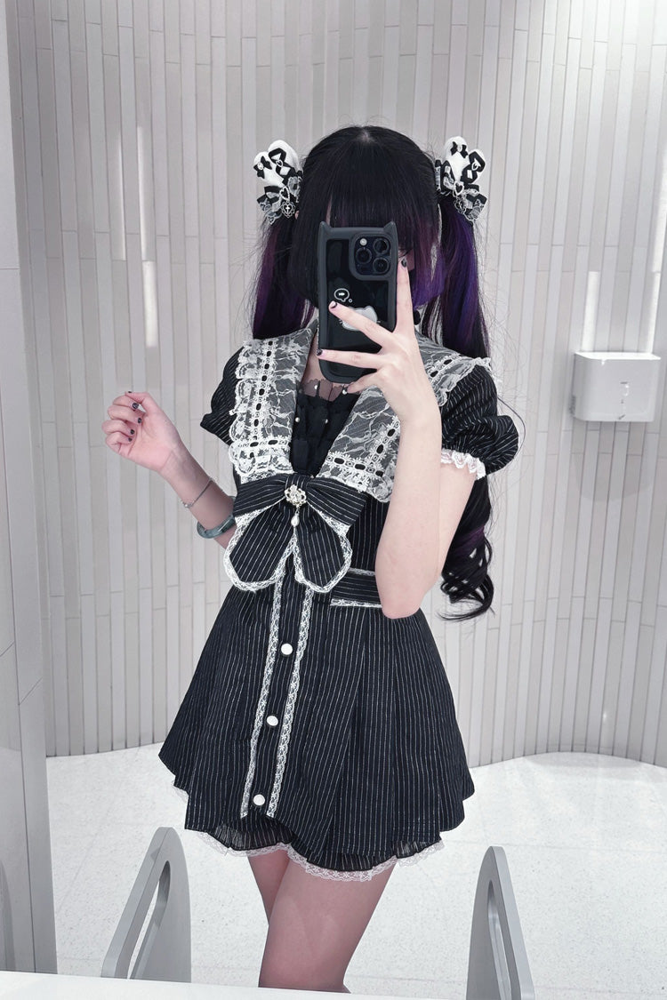 Black [Serenade] Short Sleeves Ruffle Bowknot Lace Sweet Jirai Kei Dress Set - Product - 3