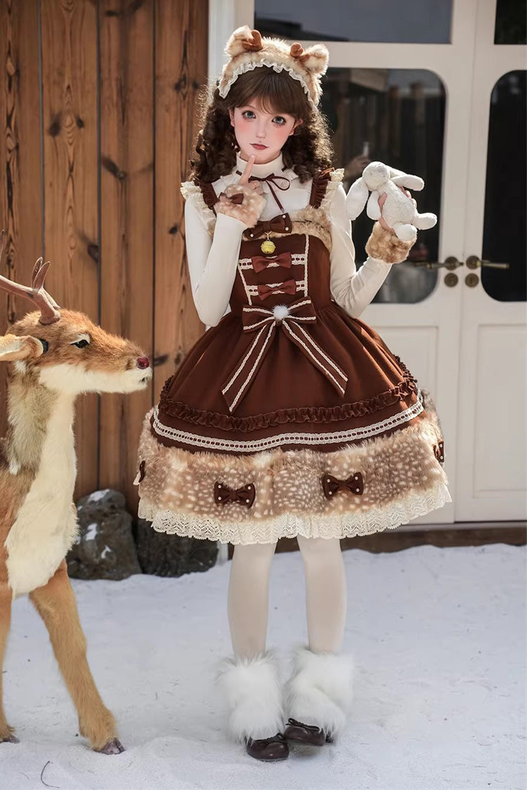 Brown [Hazelnut Moose] Sleeveless Ruffled Bow Plush Sweet Jsk Dress - Product - 2