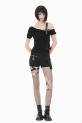 Black Off Shoulder Short Sleeves Studded Cross Straps Asymmetric Women's Punk Top - Product - 9