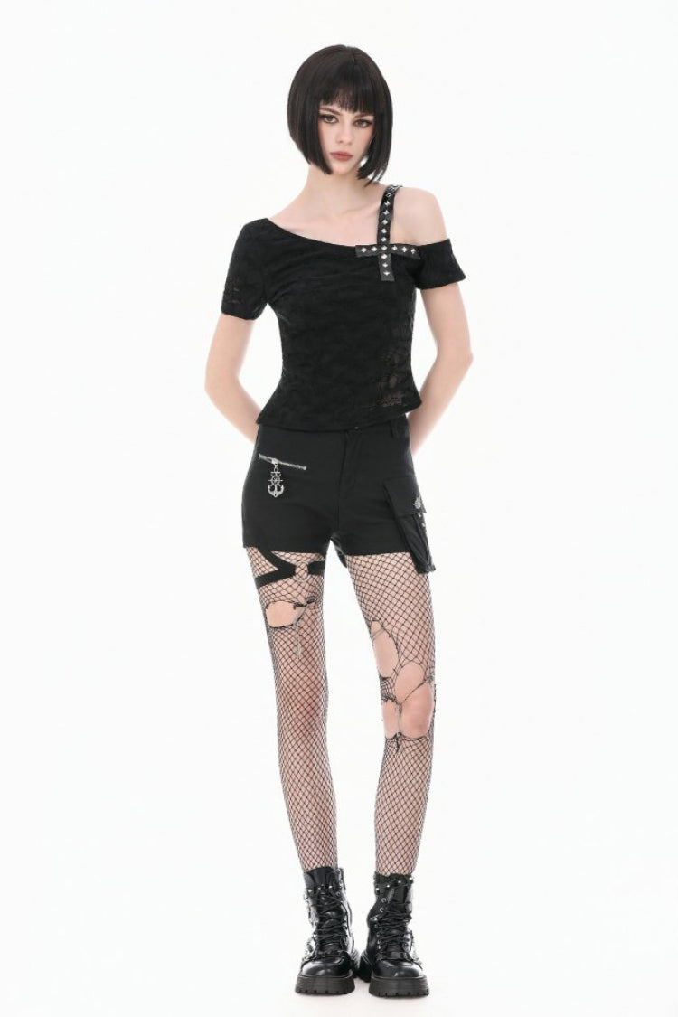 Black Off Shoulder Short Sleeves Studded Cross Straps Asymmetric Women's Punk Top - Product - 9