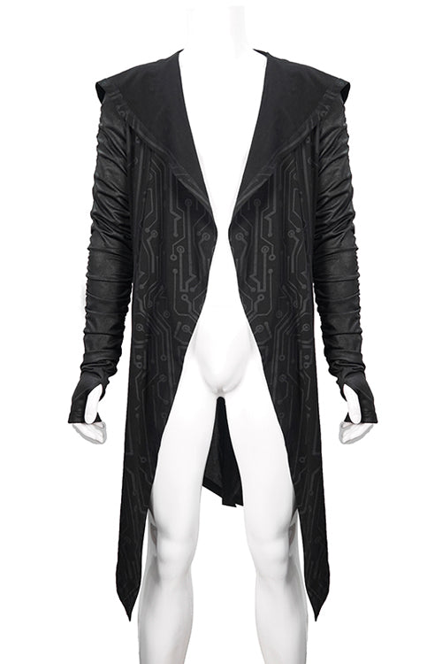 Black Hooded Wrinkled Sleeves Circuit Diagram Print Knit Long Mens Punk Coat - Product - 5