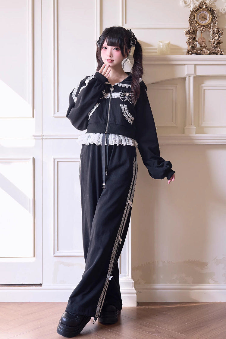Sweet Long Sleeves Bowknot Lace Hooded Jirai Kei Hoodie Pants Set 3 Colors - Black - 7