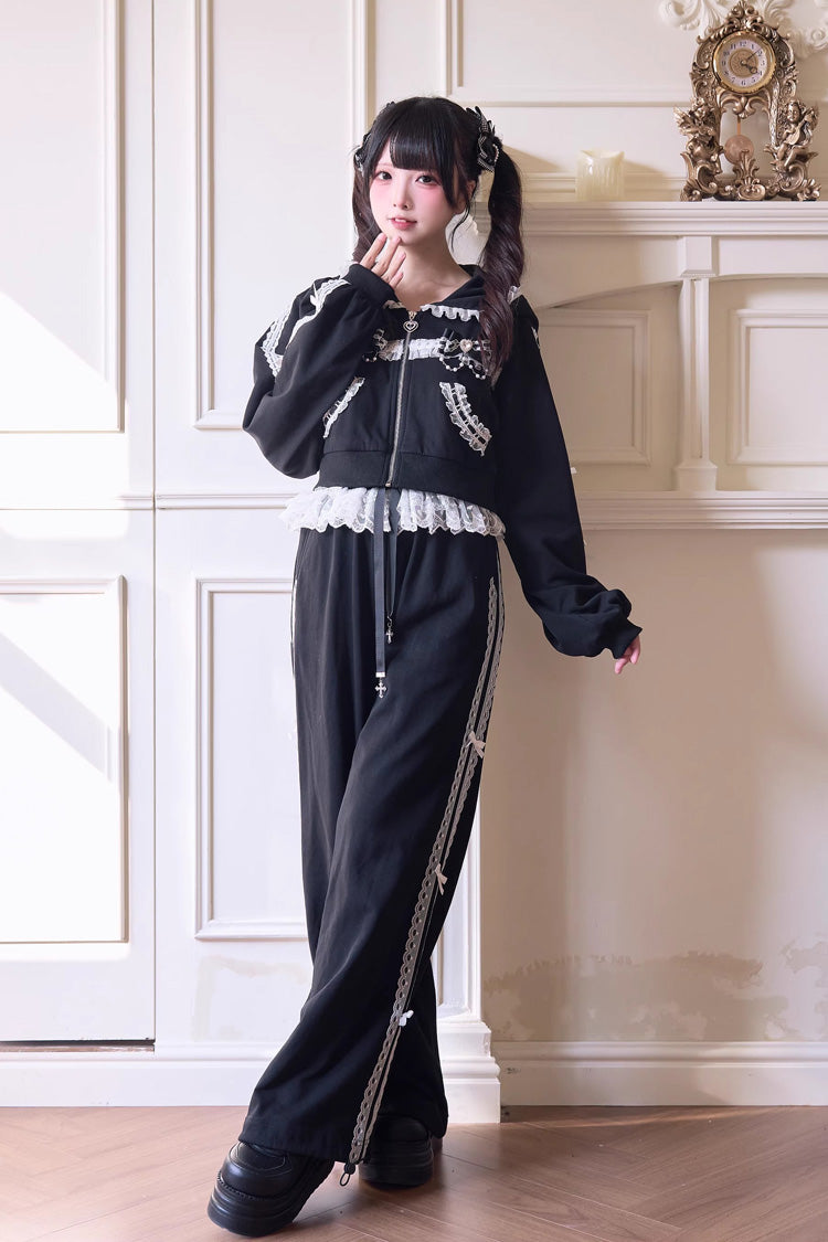 Sweet Long Sleeves Bowknot Lace Hooded Jirai Kei Hoodie Pants Set 3 Colors - Black - 7