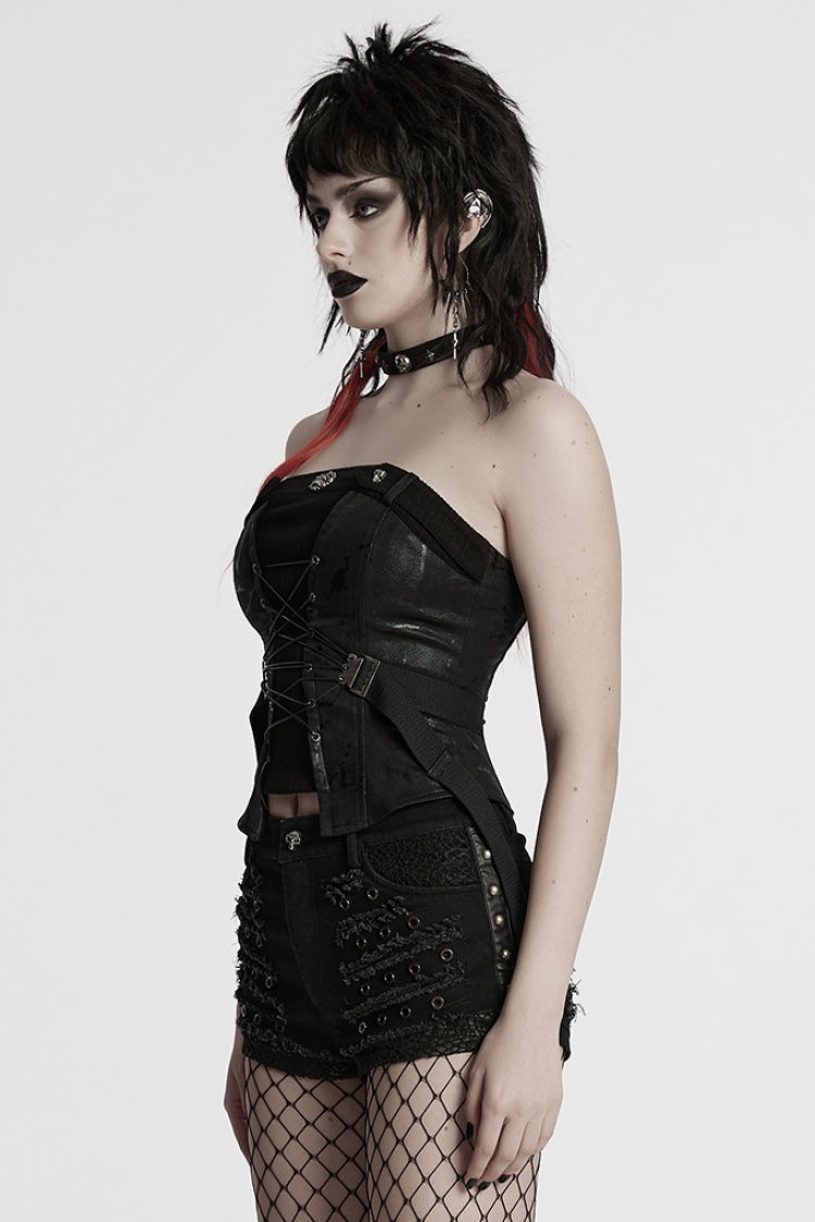 Black Lace-Up Buckle Overbust Women's Punk Corset - Product - 2