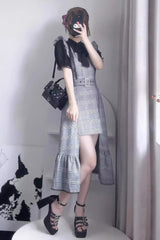 Grey Sleeveless Plaid Print Ruffle Slim Elegant Irregular Jirai Kei Dress - Product - 4