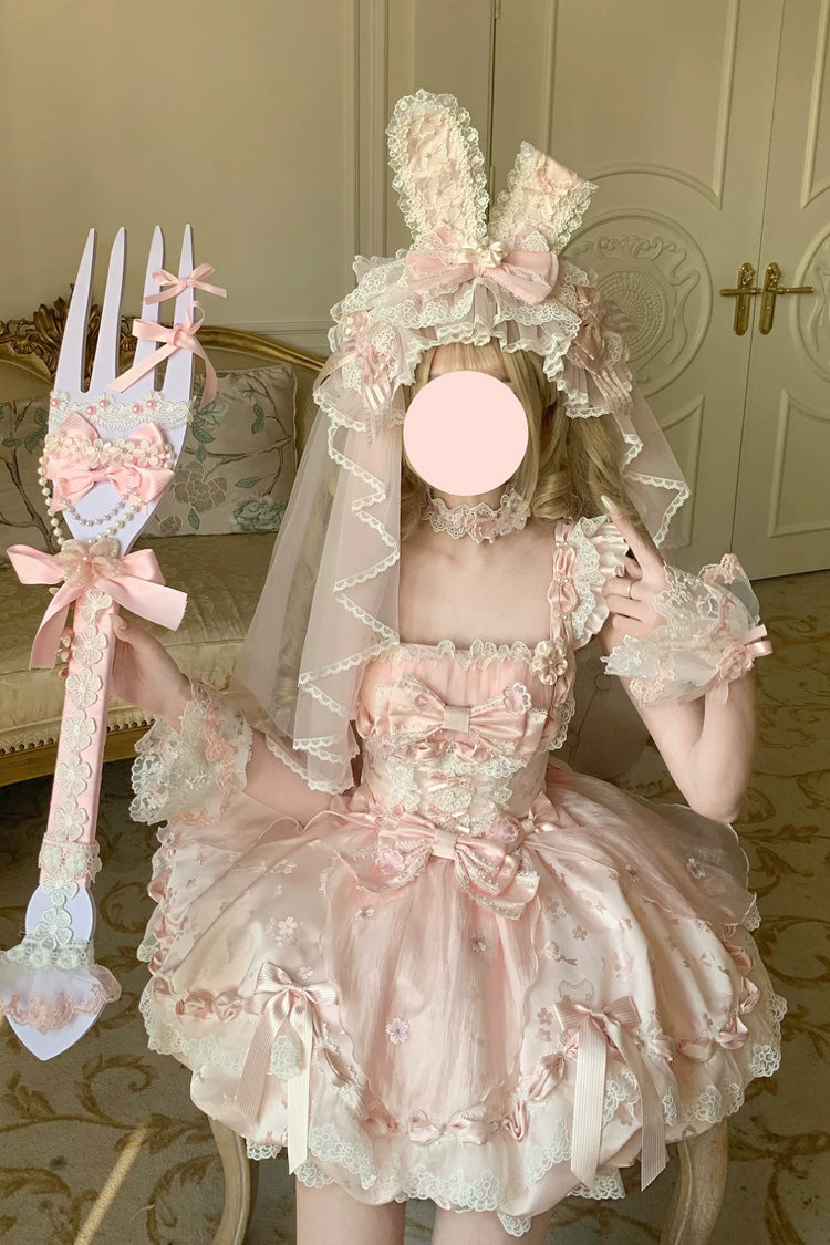 Pink [Sakura Bunny Ballad] Square Collar Flutter Sleeves Jacquard Ruffled Bow Lace Sweet Elegant Luxurious Short Lolita Jsk Dress - Pink(Short-Dress) - 1