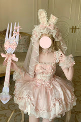 Pink [Sakura Bunny Ballad] Square Collar Flutter Sleeves Jacquard Ruffled Bow Lace Sweet Elegant Luxurious Short Lolita Jsk Dress - Pink(Short-Dress) - 1