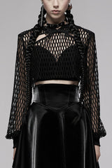 Black Long Sleeves Hollow Hooded Buckle Decoration Women's Punk Blouse - Black - 1