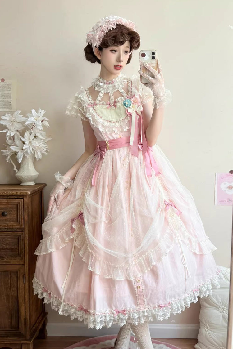 Pink [Sakura’s Spring Resonance] Sleeveless Ruffled Bow Sweet Lolita Jsk Dress (Long Version) - Product - 8