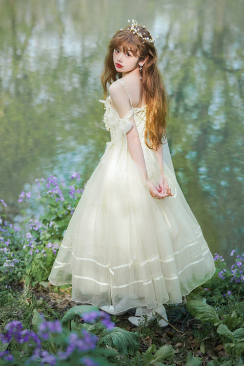 Beige Small Ballet High Waisted Bowknot Chiffon Long Version Sweet Lolita JSK Dress - Product - 11