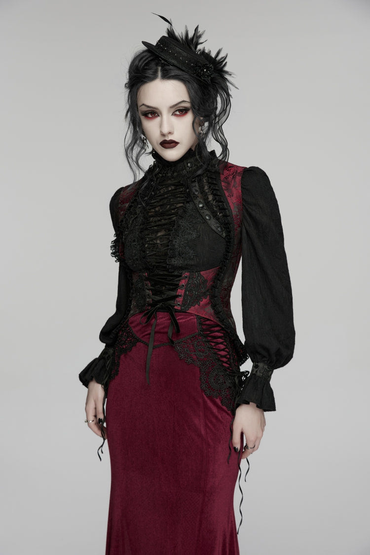 Black/Red Jacquard Embroidered Lace Lace-Up Slim Women's Gothic Vest - Product - 6