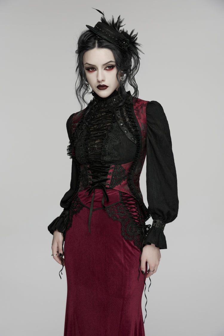Black/Red Jacquard Embroidered Lace Lace-Up Slim Women's Gothic Vest - Product - 6
