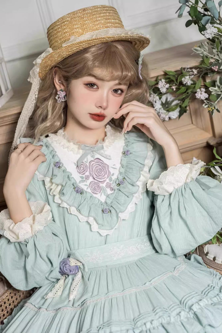 Green Long Sleeves Ruffle Embroidery Bowknot Sweet Plus Size Elegant Lolita Dress - Product - 8