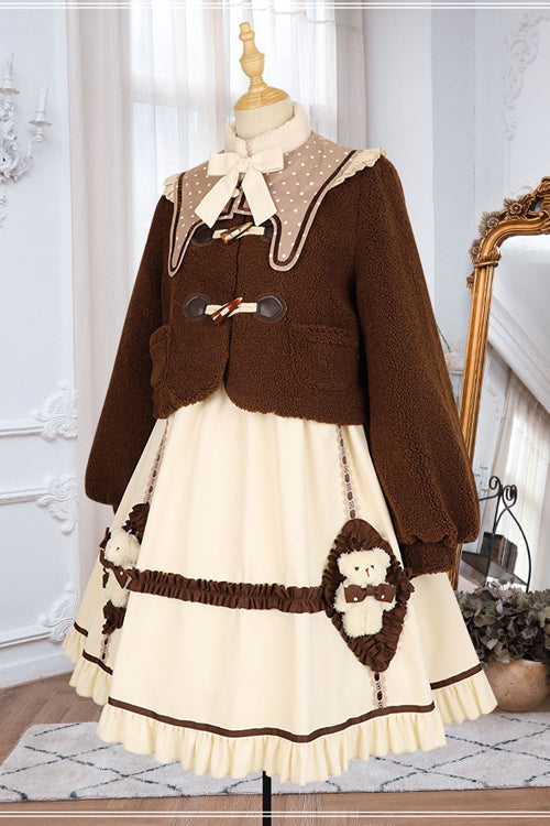 Beige Round Collar Lantern Sleeves Cute Bear Sweet Lolita OP Dress - Product - 7