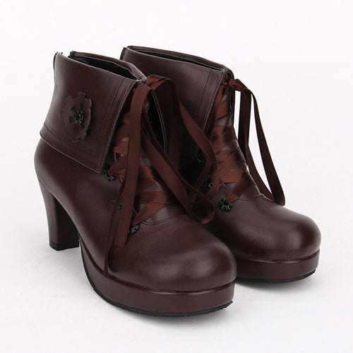 Brown Lace Up High Heel Classic Lolita Short Boots - Brown - 1