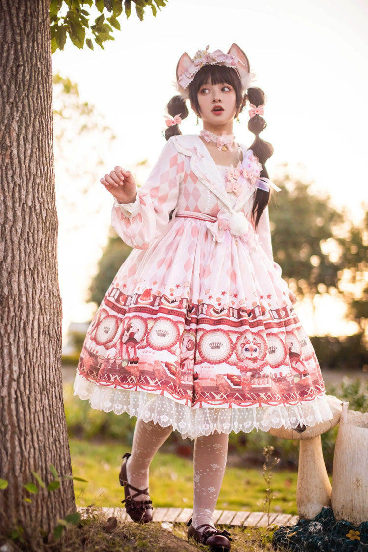 White [Afternoon Fantasia] Print Ruffle Bowknot Sweet Lolita Jsk Dress - White - 1