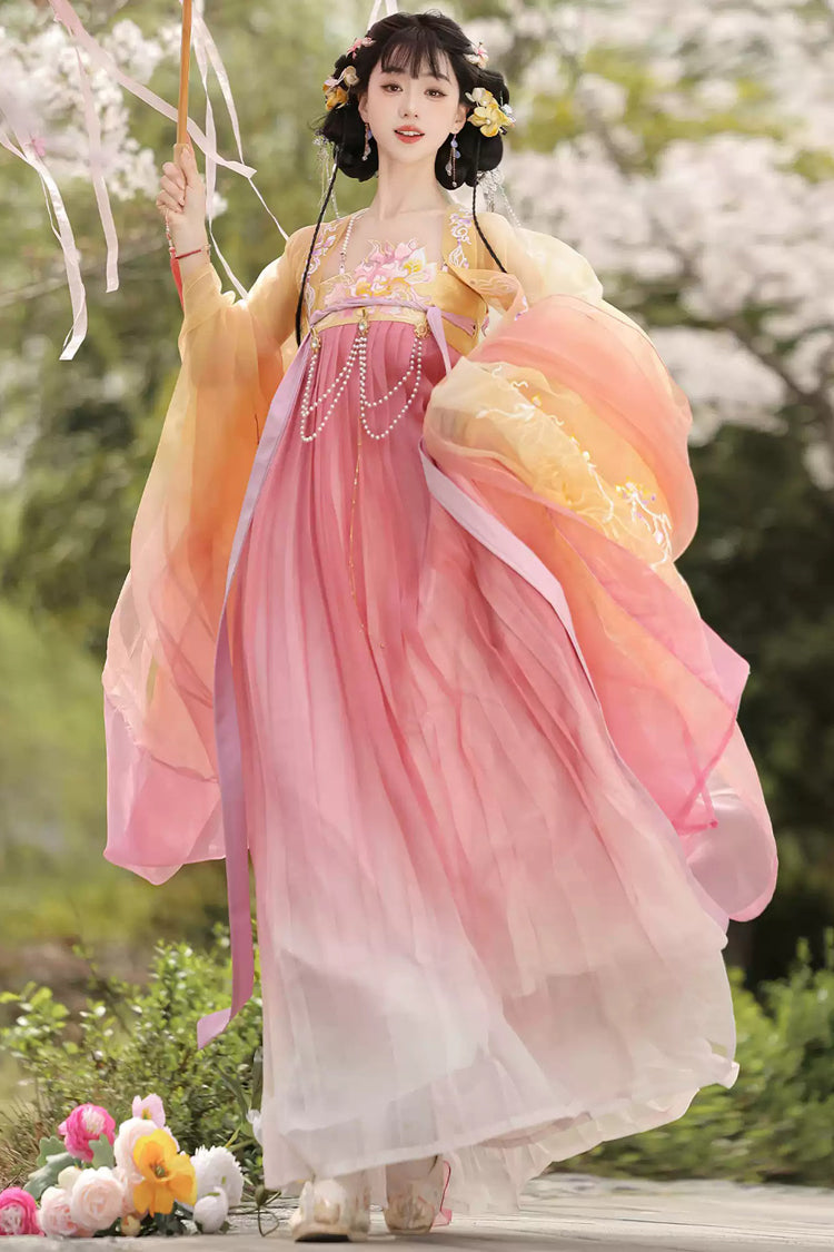 Yellow/Pink [Legends of the Tang Dynasty] High Waisted Printed Embroidered Women's Classic Hanfu Dress Set - Yellow/Pink - 1