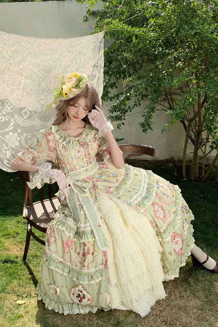 Green [Cat Rose Tea] Short Sleeves Print Ruffle Cardigan Bowknot Sweet Gorgeous Lolita Dress - Product - 6
