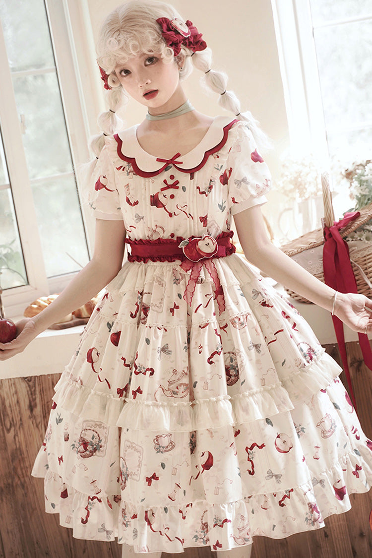 White Apple Tea Print Short Sleeves Country Style Ruffle Bowknot Sweet Lolita Dress (Plus Size Version) - Product - 2
