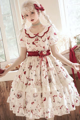 White Apple Tea Print Short Sleeves Country Style Ruffle Bowknot Sweet Lolita Dress (Plus Size Version) - Product - 2