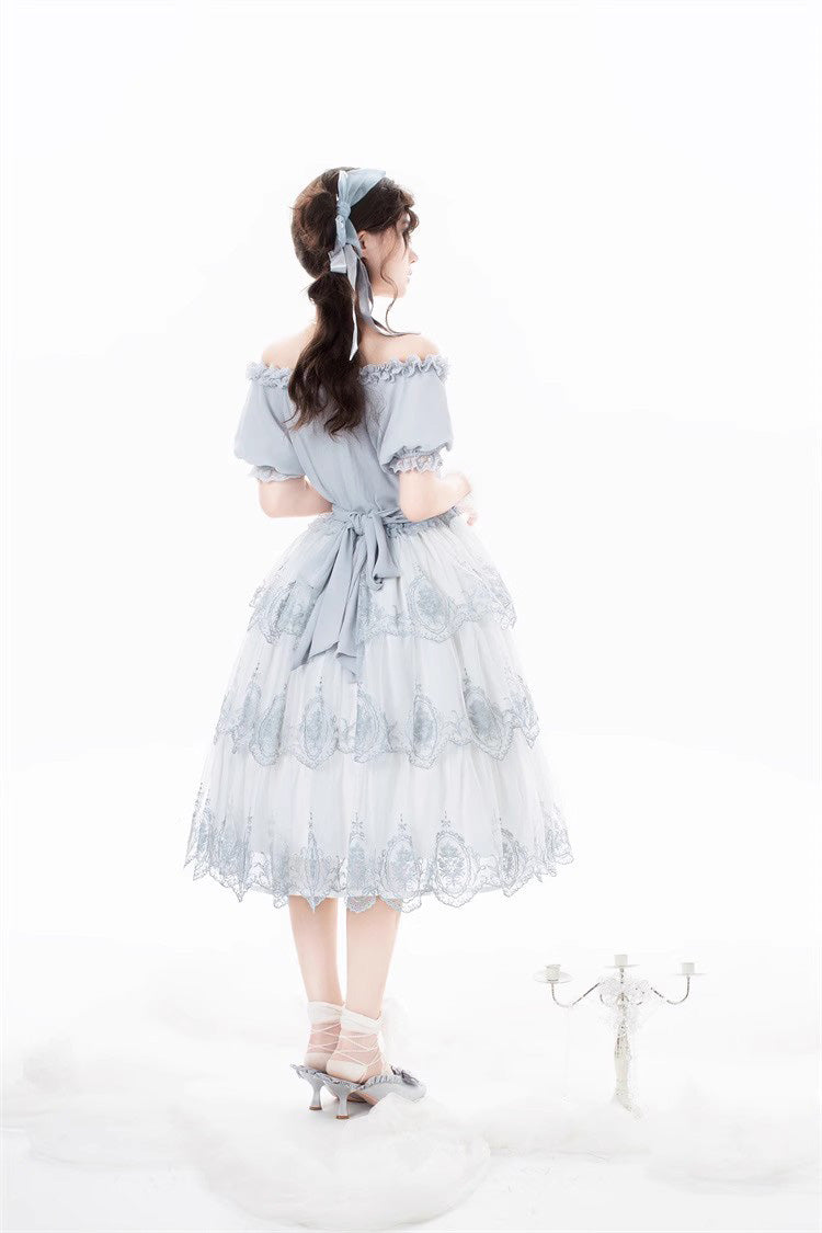 Light Blue Flower Promise Short Sleeves Multi-layer Print Sweet Elegant Princess Lolita Dress - Product - 8