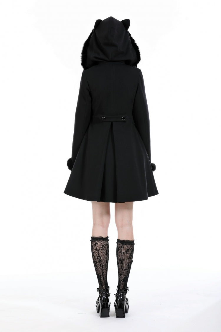 Black Long Sleeves Crescent Moon Bow Spliced Double-breasted Women's Gothic Coat with Cat Ear Hood - Product - 4