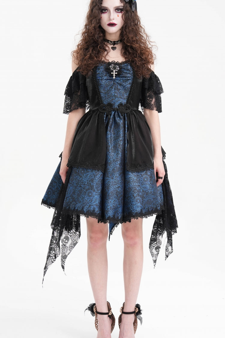 Blue Halterneck Lace Lace-Up Irregular Hem Women's Gothic Dress - Product - 2