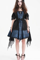 Blue Halterneck Lace Lace-Up Irregular Hem Women's Gothic Dress - Product - 2