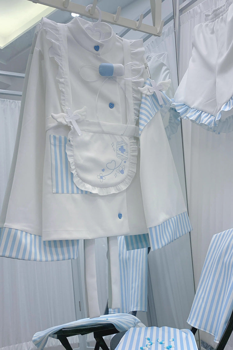 White/Blue Medical Angel Long Sleeves Print Loose Sweet Jirai Kei Japanese Set - Product - 7
