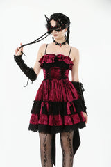 Wine Red Corset Lace-Up Velvet Irregular Pointed Tail Women's Lolita Gothic Cami Mini Dress - Wine-Red - 1