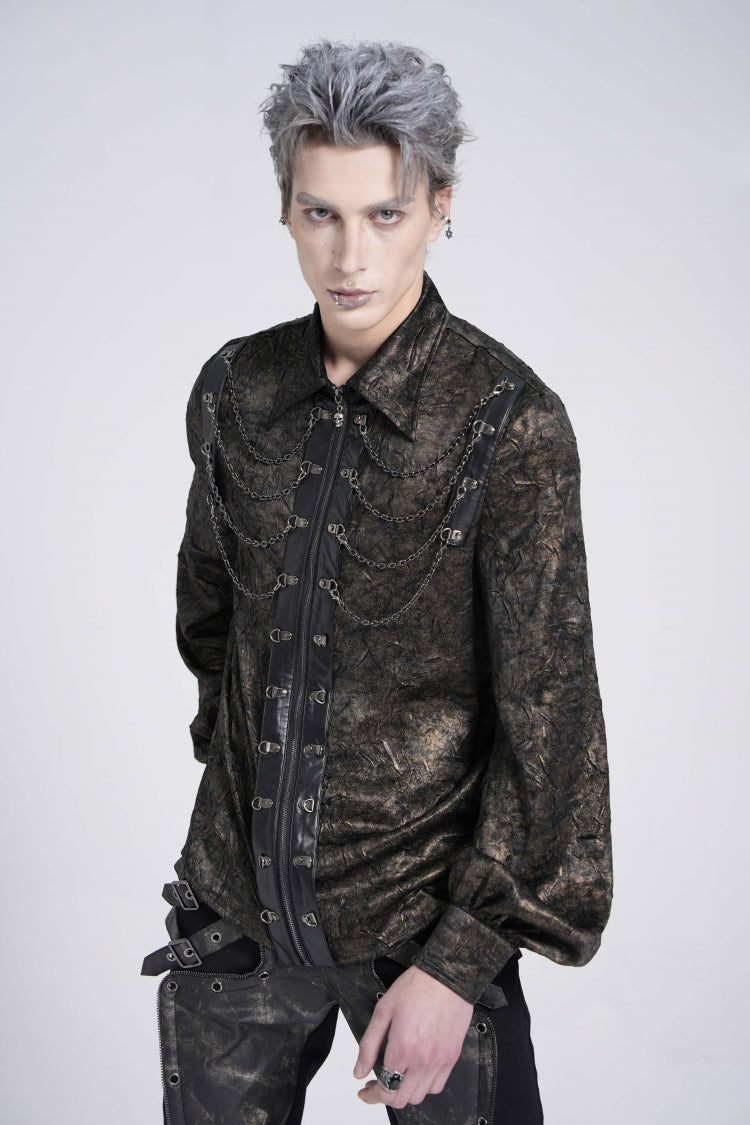 Black Lapel Collar Long Puff Sleeves Faux Leather Stitching Men's Gothic Blouse with Chain - Product - 2