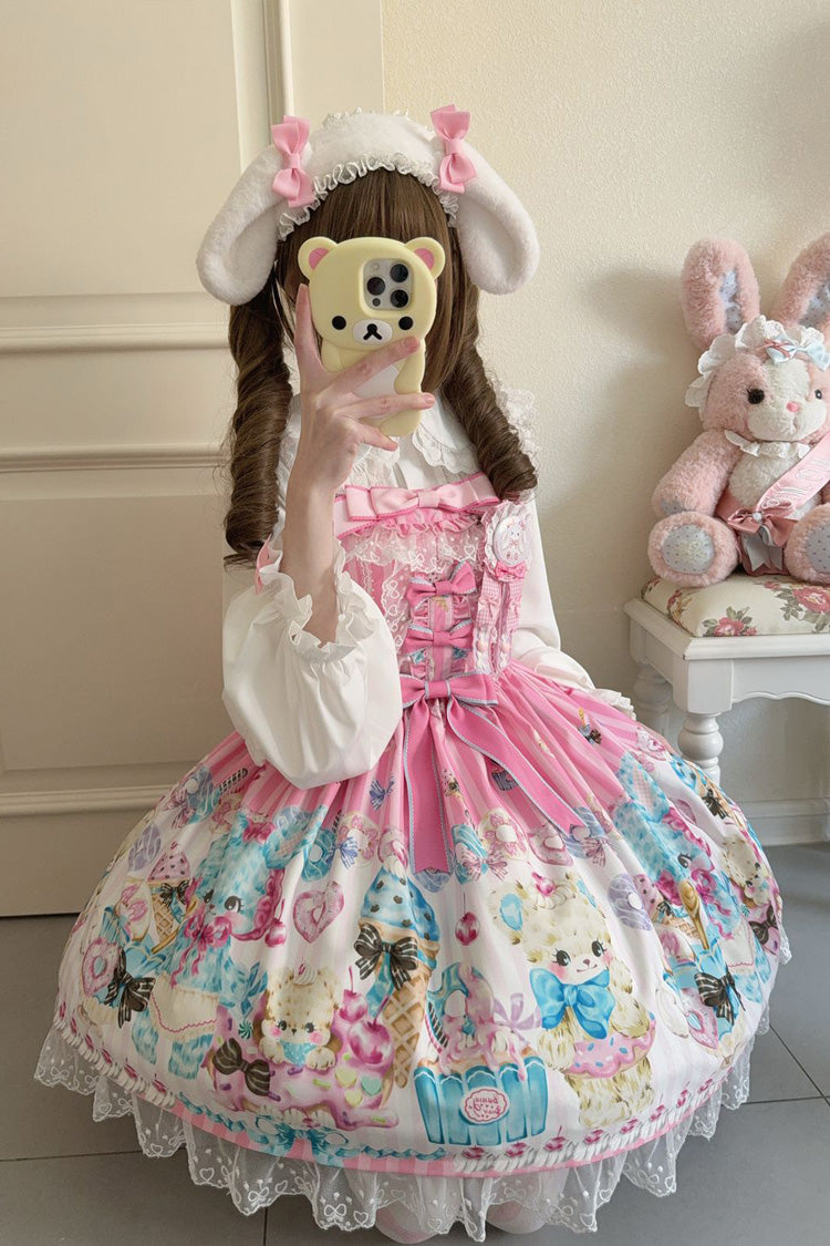 Pink [Floral Whisper] Bear Print Ruffle Bowknot Lace Sweet Princess Lolita Jsk Dress - Product - 5
