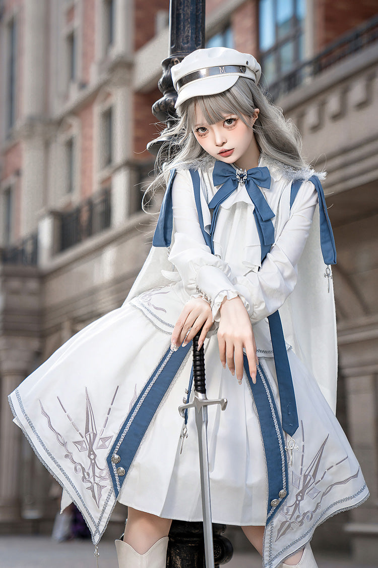 White/Blue [Star Knight] Print Punk Military Princess Handsome Ouji Lolita Skirt - Product - 3