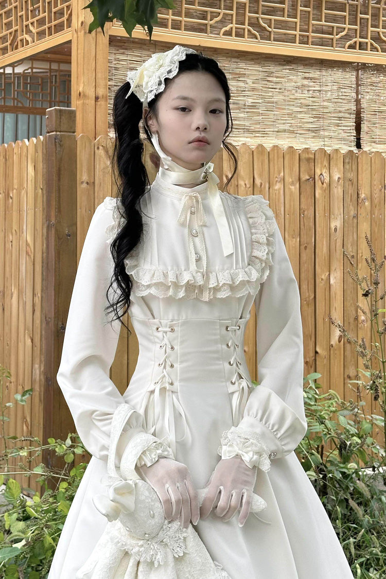 Apricot Stand Collar Long Sleeves Ruffled Lace-Up Gothic Lolita Dress - Product - 8