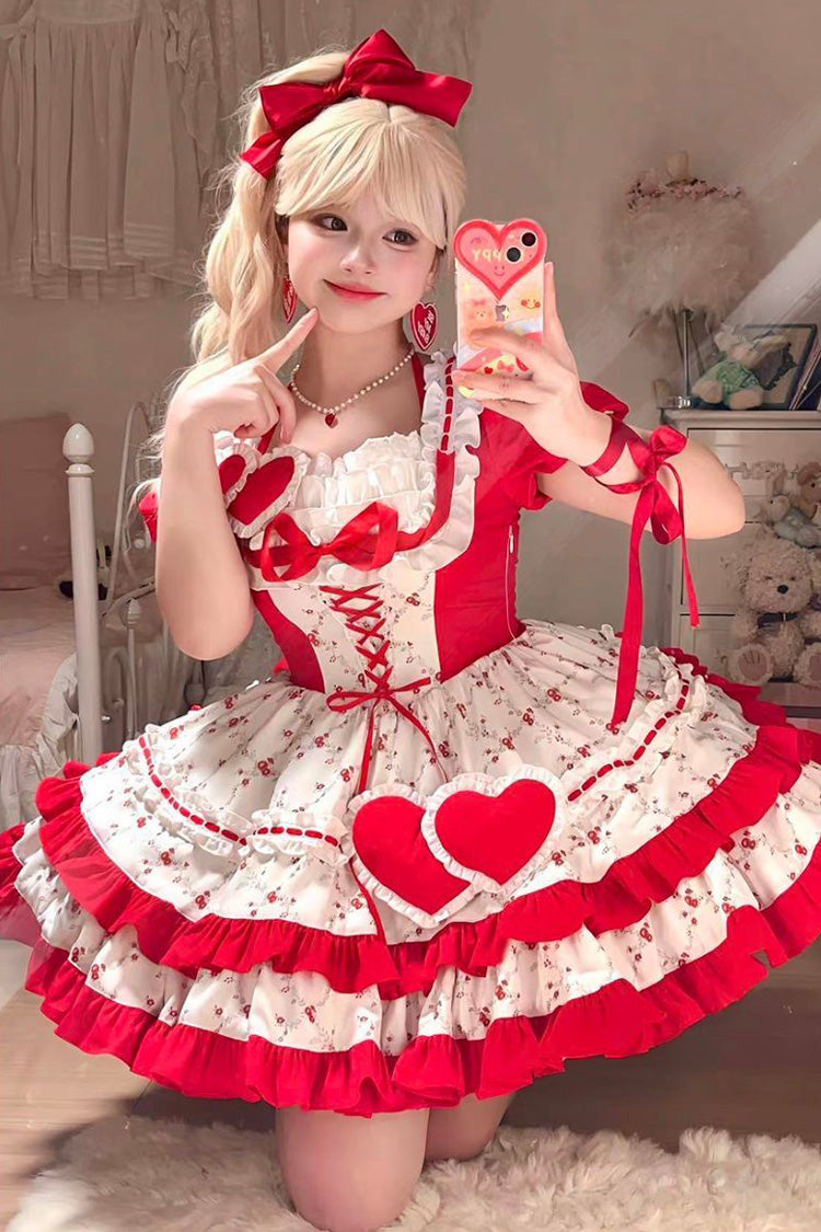 Red Double-Layered Floral Print Ruffle Bowknot Sweet Lolita Dress - Product - 2
