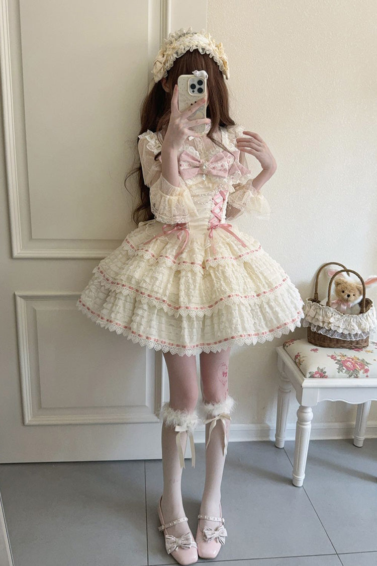 Apricot [Song of Floral Letters] Sleeveless Triple-Layered Bowknot Lace-Up Sweet Lolita Jsk Dress - Product - 4