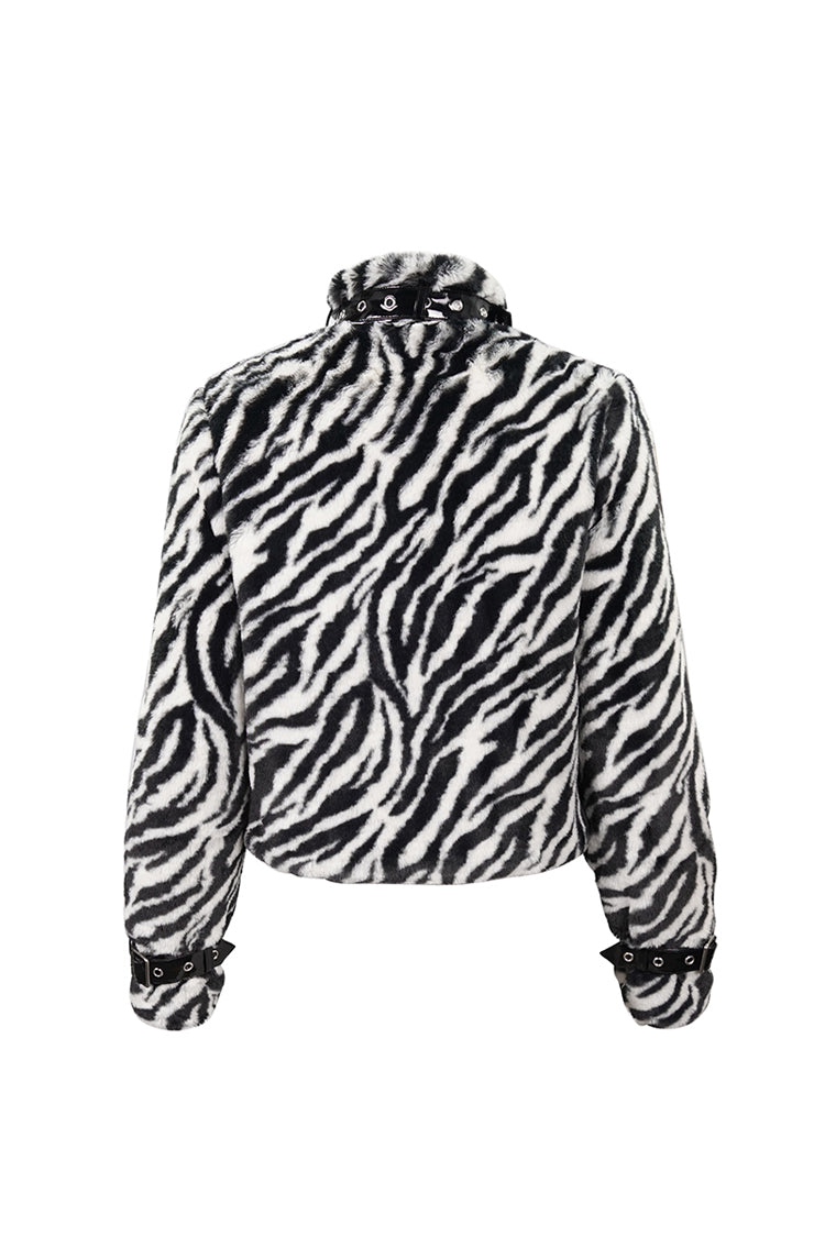 Black/White Stripe Design Shiny Belt With D-Shaped Buckle Decoration Padded Women's Punk Jacket - Product - 8