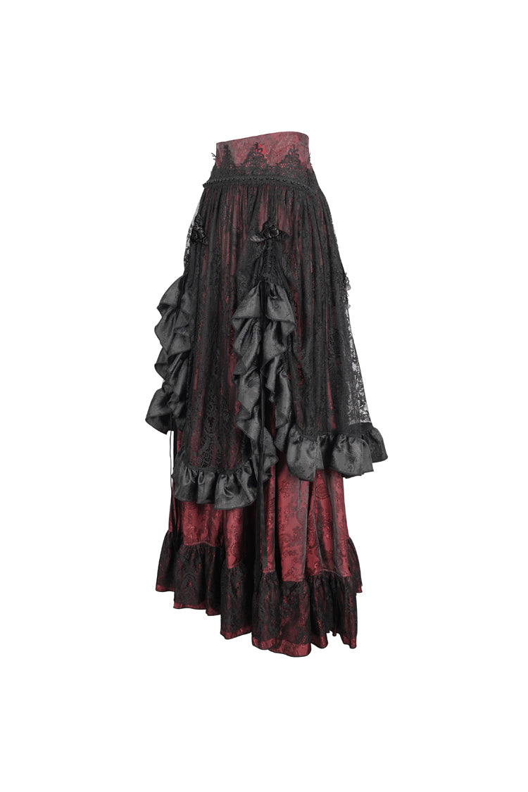 Black/Red Ruffle Lace Drawstring Women's Gothic Skirt - Product - 6