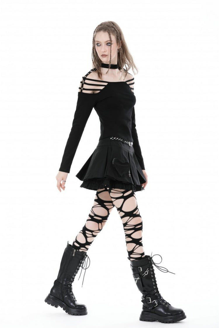 Black Off Shoulder Long Sleeves Cut-Out Buckled Women's Punk Blouse - Product - 2