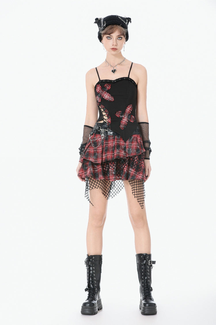 Black Strap Off Shoulder Asymmetric Side Lace-Up Eyelet Women's Punk Plaid Cross Bustier - Product - 7