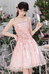 Pink [Whispers on Falling Cherry Blossoms] Printed Embroidered Tassel Sweet Classic Chinese Style Lolita Jsk Dress Set - Product - 14
